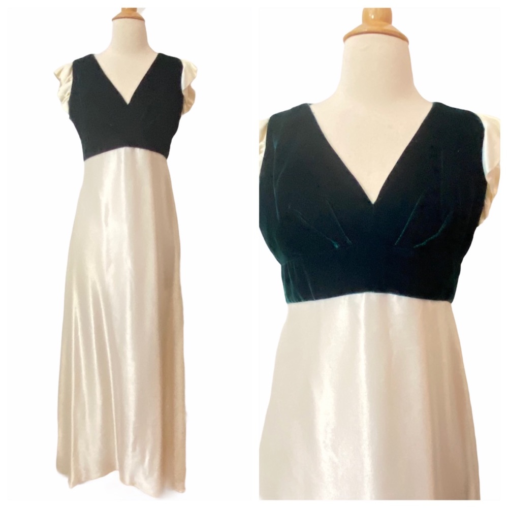 1950’s Vintage Elegant Green Velvet & Satin Formal Gown With Cutout Back, Medium - Picture 2 of 15